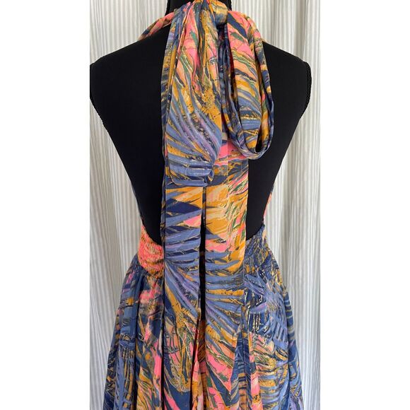 Women Multicolor Silk Halter Dress Sz Small Mini Resort Wear Summer Flirty Boho - Picture 6 of 8
